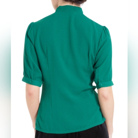 Voodoo Vixen Clara retro pinup tie neck blouse top, teal, button up, small - Picture 3 of 3